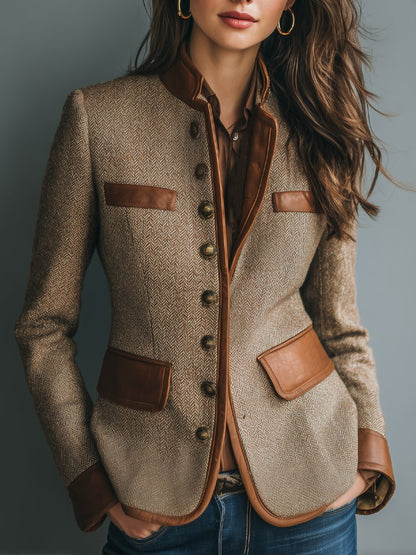 Sophia Women's Jacket | Vintage Herringbone Tweed with Leather Trim 0
