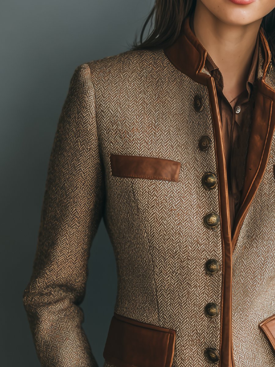 Sophia Women's Jacket | Vintage Herringbone Tweed with Leather Trim 1