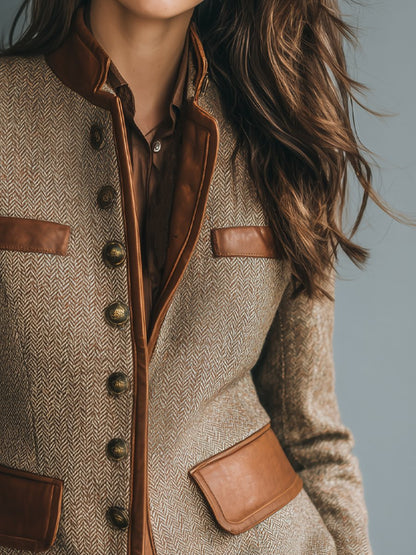 Sophia Women's Jacket | Vintage Herringbone Tweed with Leather Trim 2