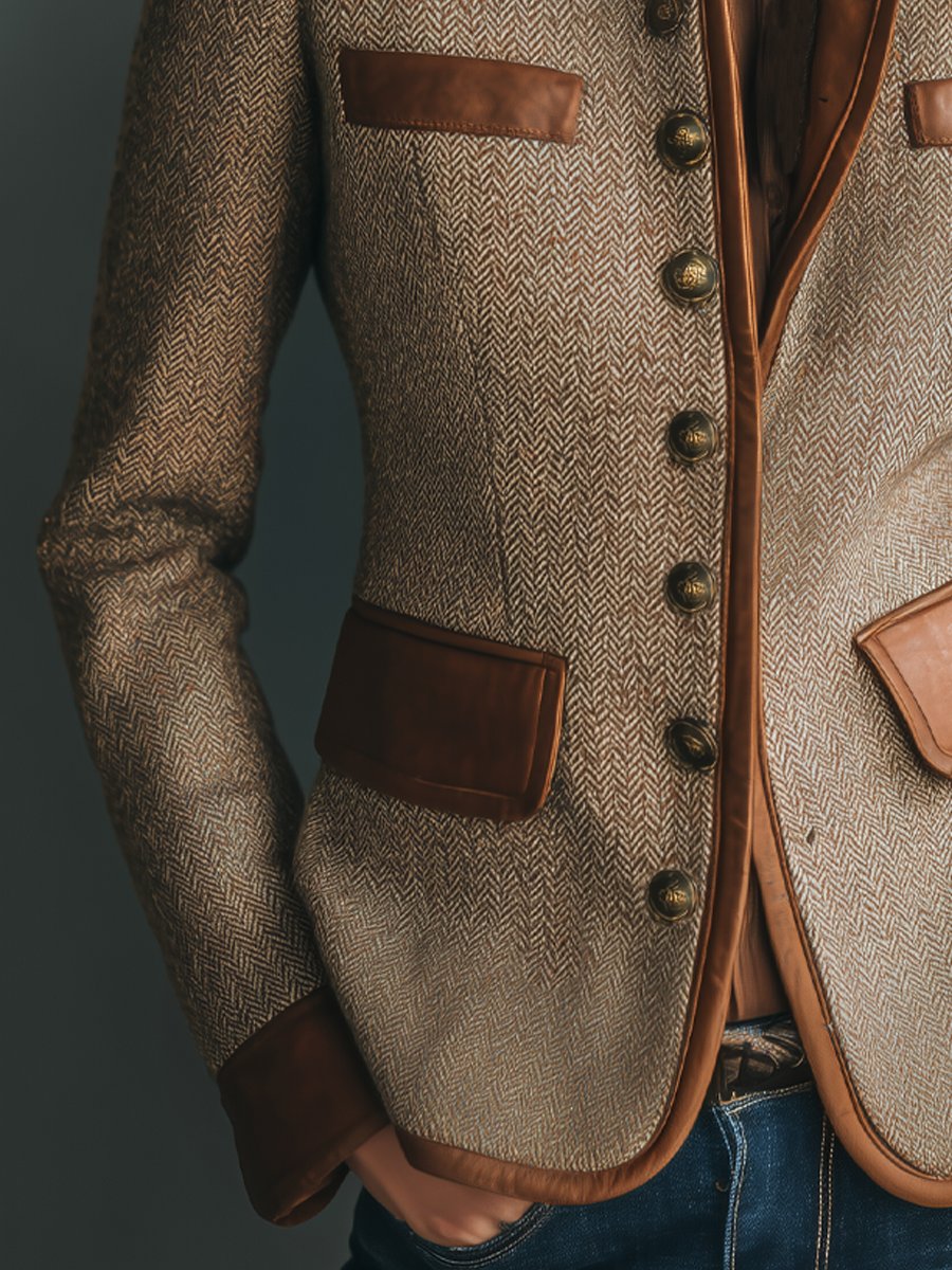 Sophia Women's Jacket | Vintage Herringbone Tweed with Leather Trim 3
