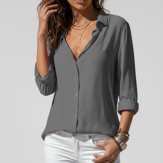 Sophie Women’s Blouse with Classic Shirt Collar and Roll-Up Sleeves 0
