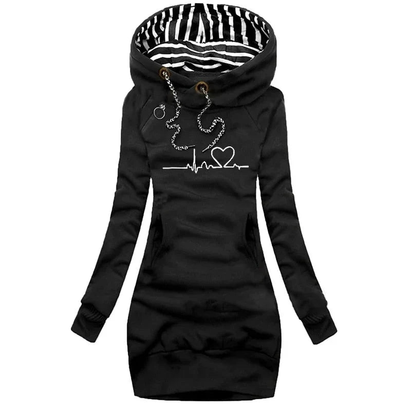 Sora Women’s Sweater Dress featuring a cozy hood, convenient side pockets, and stylish striped lining, perfect for casual outings and layered looks. 0