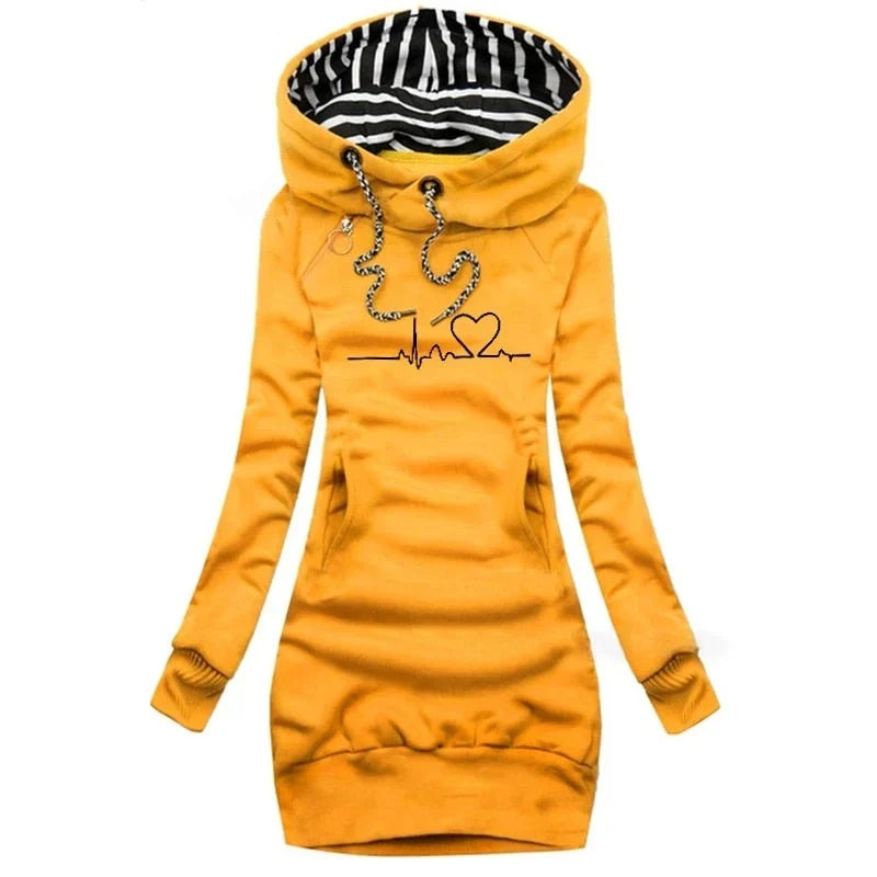 Sora Women’s Sweater Dress featuring a cozy hood, convenient side pockets, and stylish striped lining, perfect for casual outings and layered looks. 3