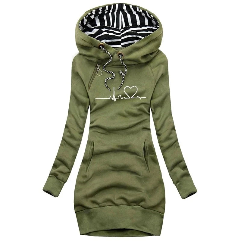 Sora Women’s Sweater Dress featuring a cozy hood, convenient side pockets, and stylish striped lining, perfect for casual outings and layered looks. 4
