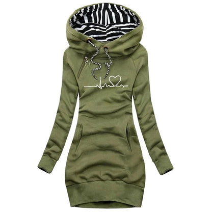 Sora Women’s Sweater Dress featuring a cozy hood, convenient side pockets, and stylish striped lining, perfect for casual outings and layered looks. 4