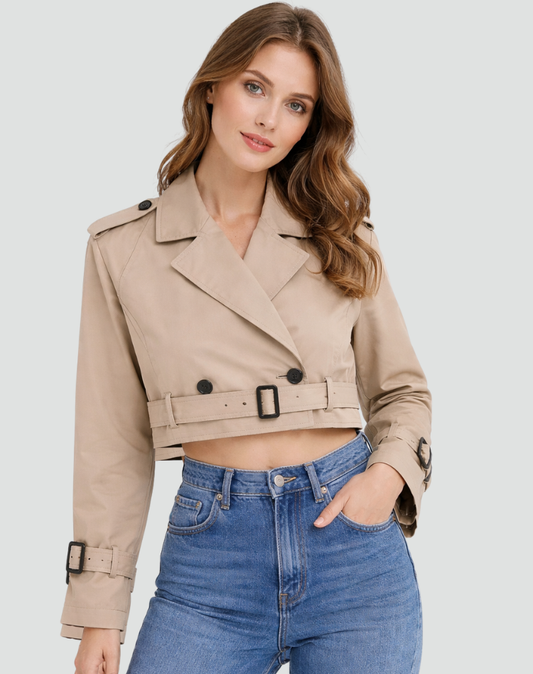 Talia Women's Cropped Trench Jacket | Belted, Tailored Double Button 0