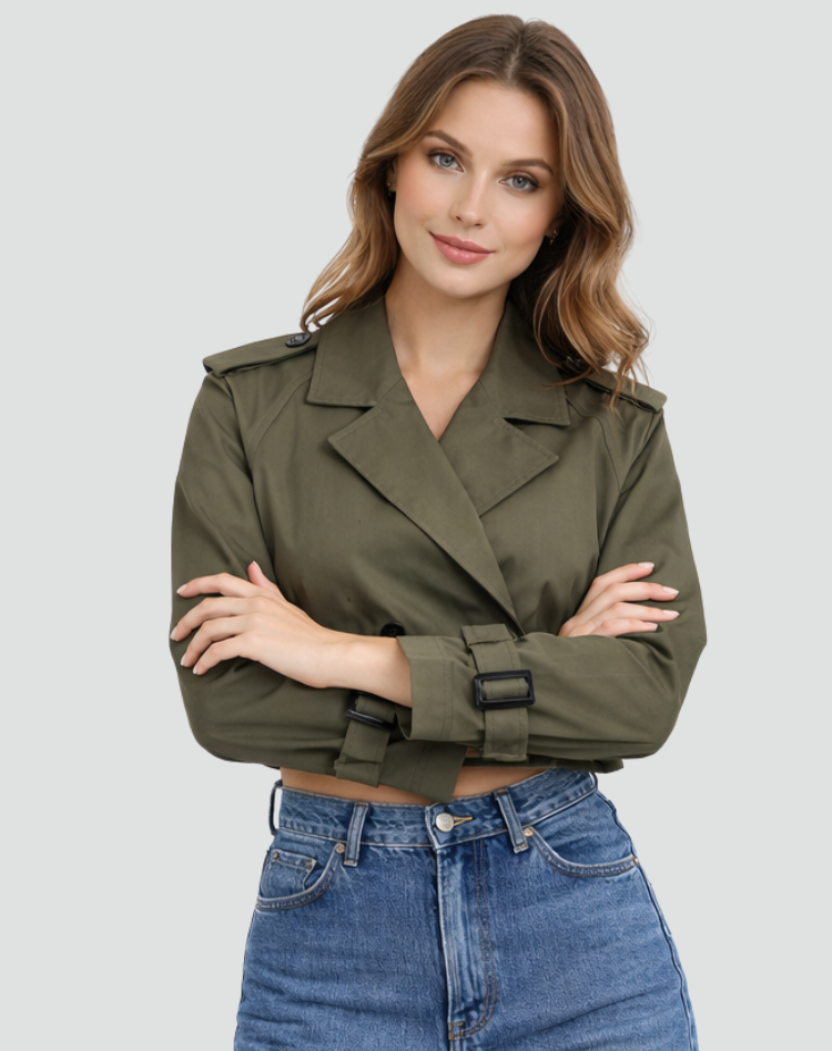 Talia Women's Cropped Trench Jacket | Belted, Tailored Double Button 1