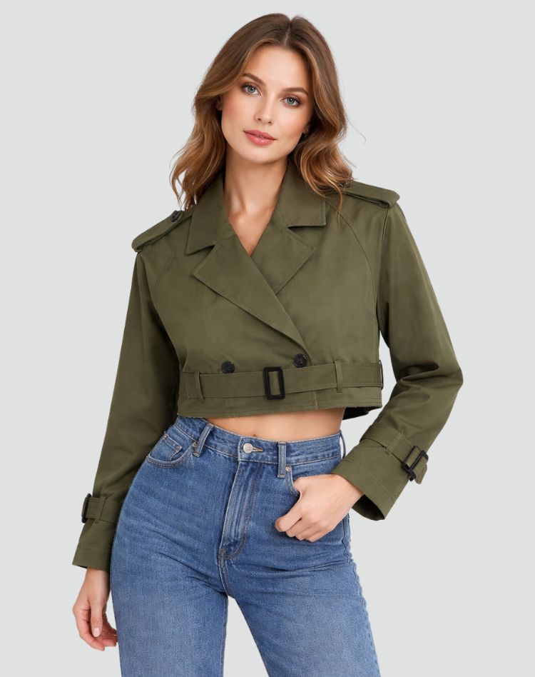 Talia Women's Cropped Trench Jacket | Belted, Tailored Double Button 6