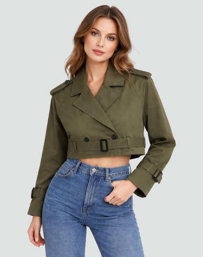Talia Women's Cropped Trench Jacket | Belted, Tailored Double Button 6