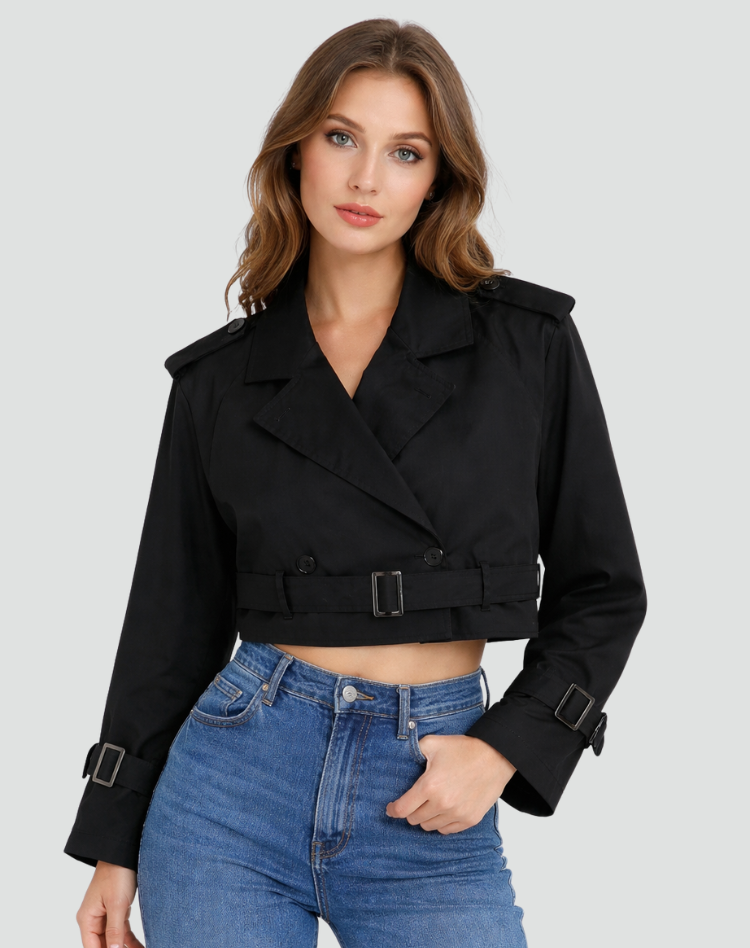 Talia Women's Cropped Trench Jacket | Belted, Tailored Double Button 8