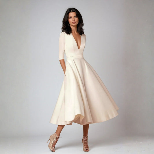 Tanya Women’s Midi Dress with Flared Skirt and Plunging Neckline for Summer Events 0