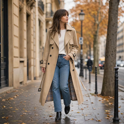 Tessa Women’s Trench Coat featuring a stylish double-breasted front and a belted waist, perfect for a chic and sophisticated look in any 0