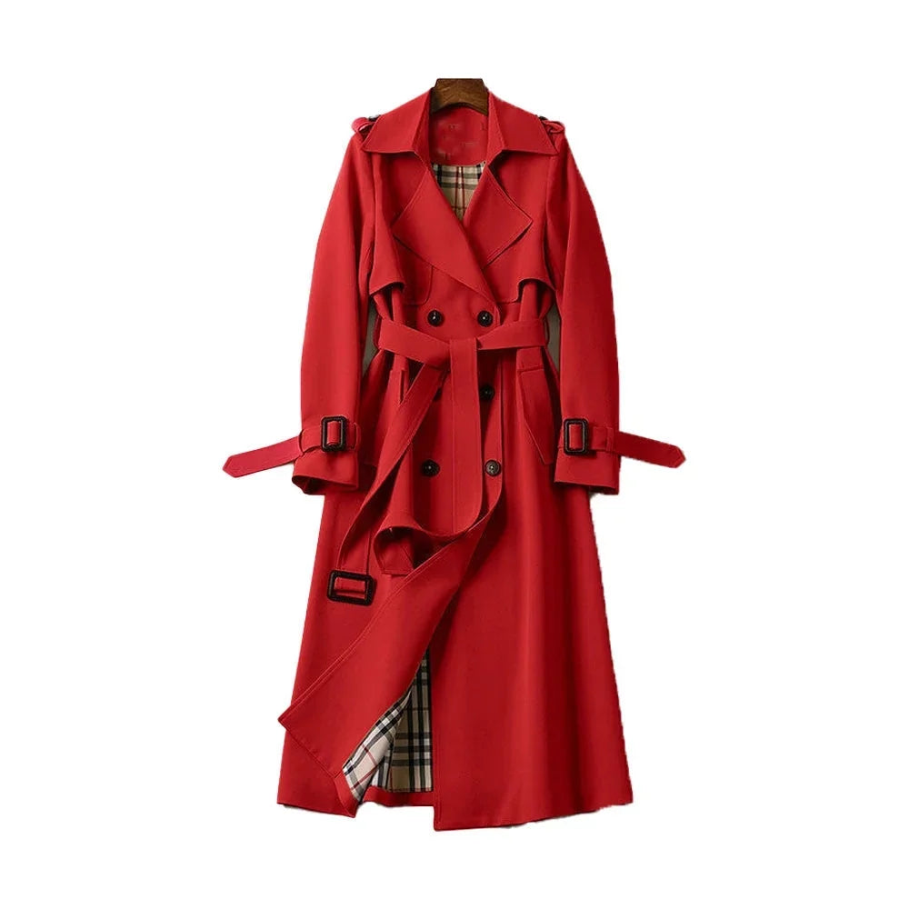 Tessa Women’s Trench Coat featuring a stylish double-breasted front and a belted waist, perfect for a chic and sophisticated look in any 10