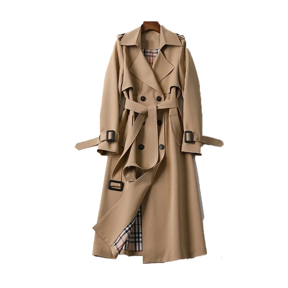 Tessa Women’s Trench Coat featuring a stylish double-breasted front and a belted waist, perfect for a chic and sophisticated look in any 3