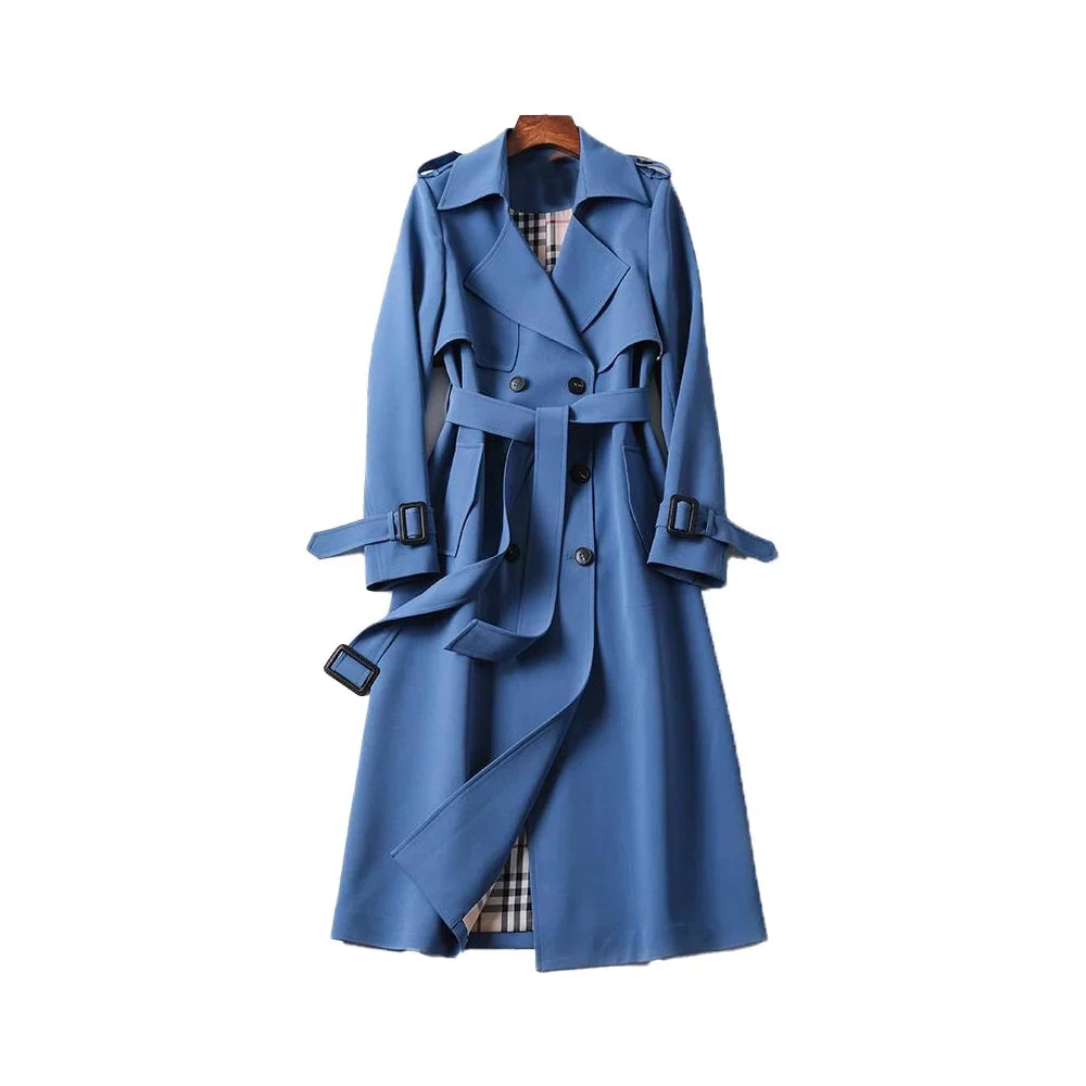 Tessa Women’s Trench Coat featuring a stylish double-breasted front and a belted waist, perfect for a chic and sophisticated look in any 7