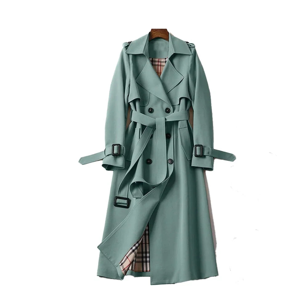 Tessa Women’s Trench Coat featuring a stylish double-breasted front and a belted waist, perfect for a chic and sophisticated look in any 8