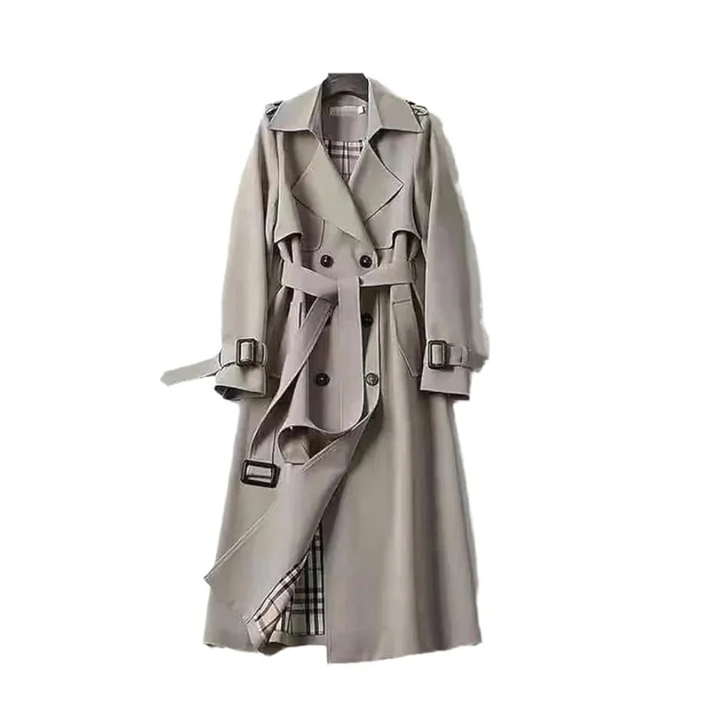 Tessa Women’s Trench Coat featuring a stylish double-breasted front and a belted waist, perfect for a chic and sophisticated look in any 9