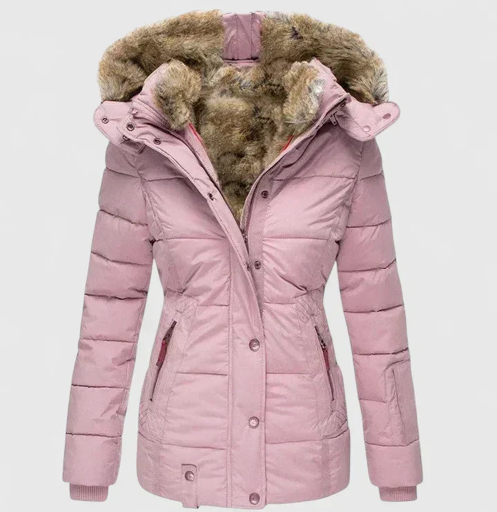 Vela Women’s Coat featuring an adjustable hood and practical pockets, perfect for stylish warmth and functionality in cooler weather. 3