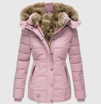 Vela Women’s Coat featuring an adjustable hood and practical pockets, perfect for stylish warmth and functionality in cooler weather. 3