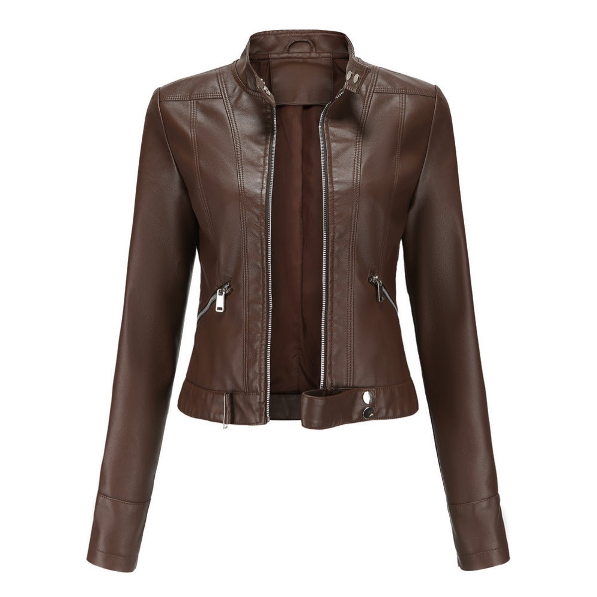 Vera Women's Cropped Faux Leather Jacket | Stand Collar Moto Biker Style 2