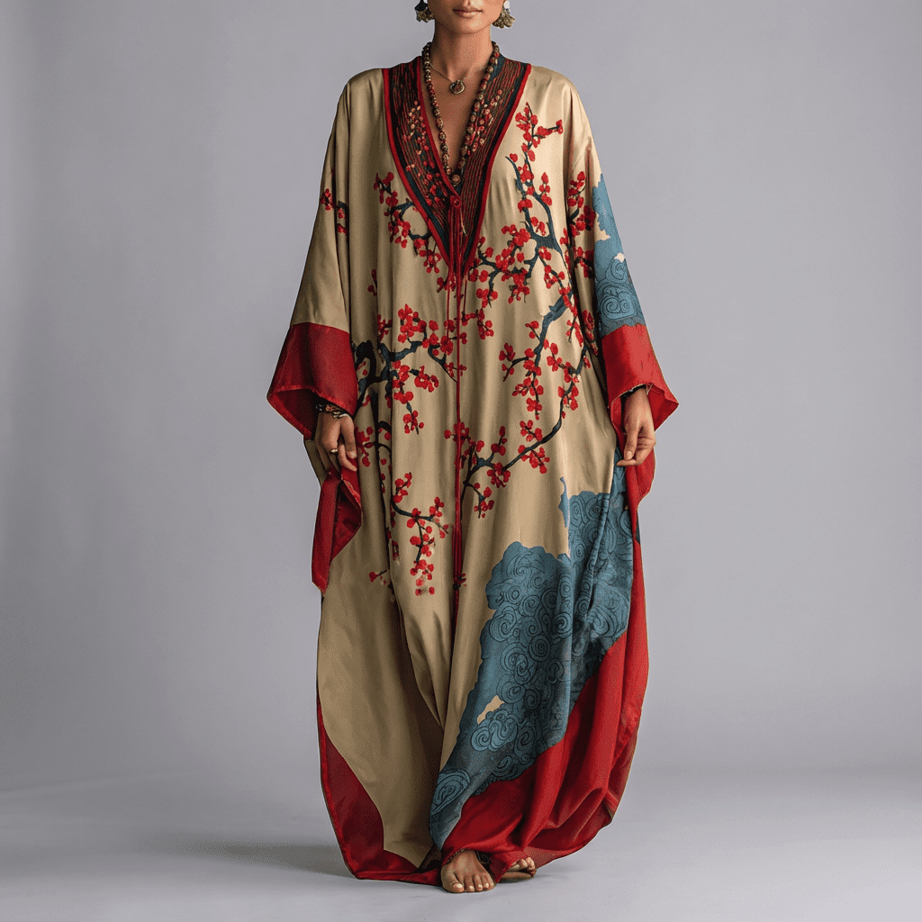 Vera Women’s Maxi Dress with Batwing Sleeves and Plum Blossom Print 0