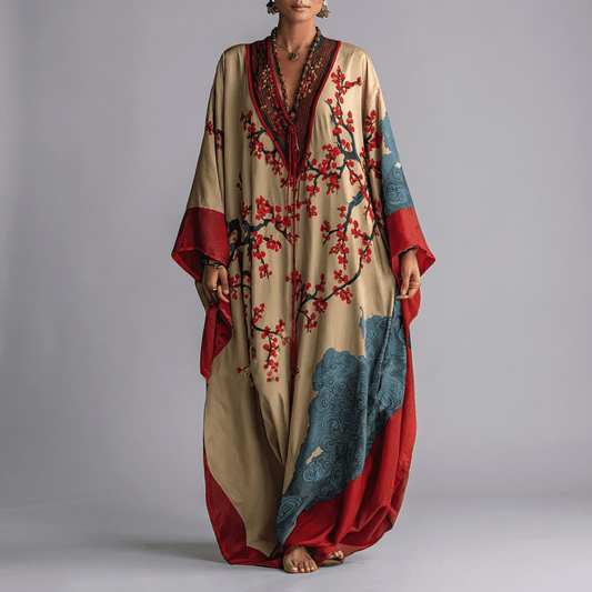 Vera Women’s Maxi Dress with Batwing Sleeves and Plum Blossom Print 0