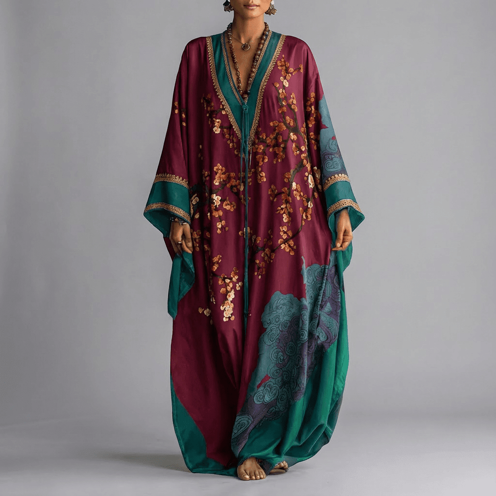 Vera Women’s Maxi Dress with Batwing Sleeves and Plum Blossom Print 1