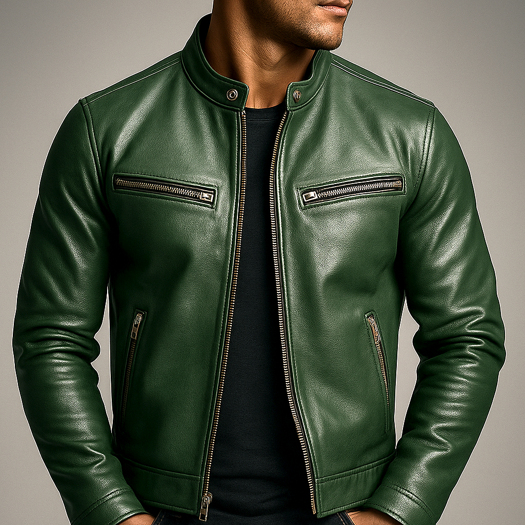 Vero Men's Leather Jacket with Vintage Patina and Four-Pocket Design 0