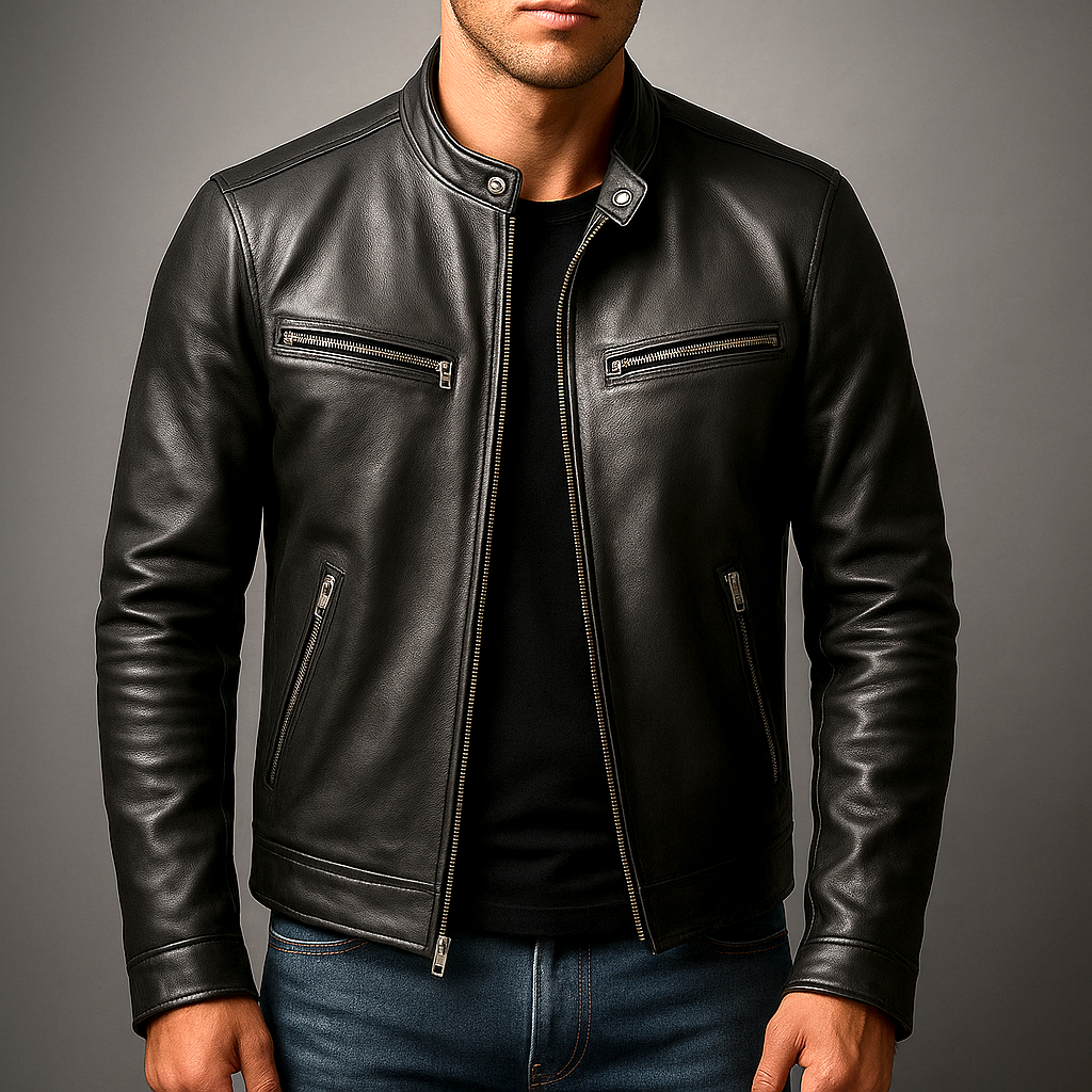 Vero Men's Leather Jacket with Vintage Patina and Four-Pocket Design 1