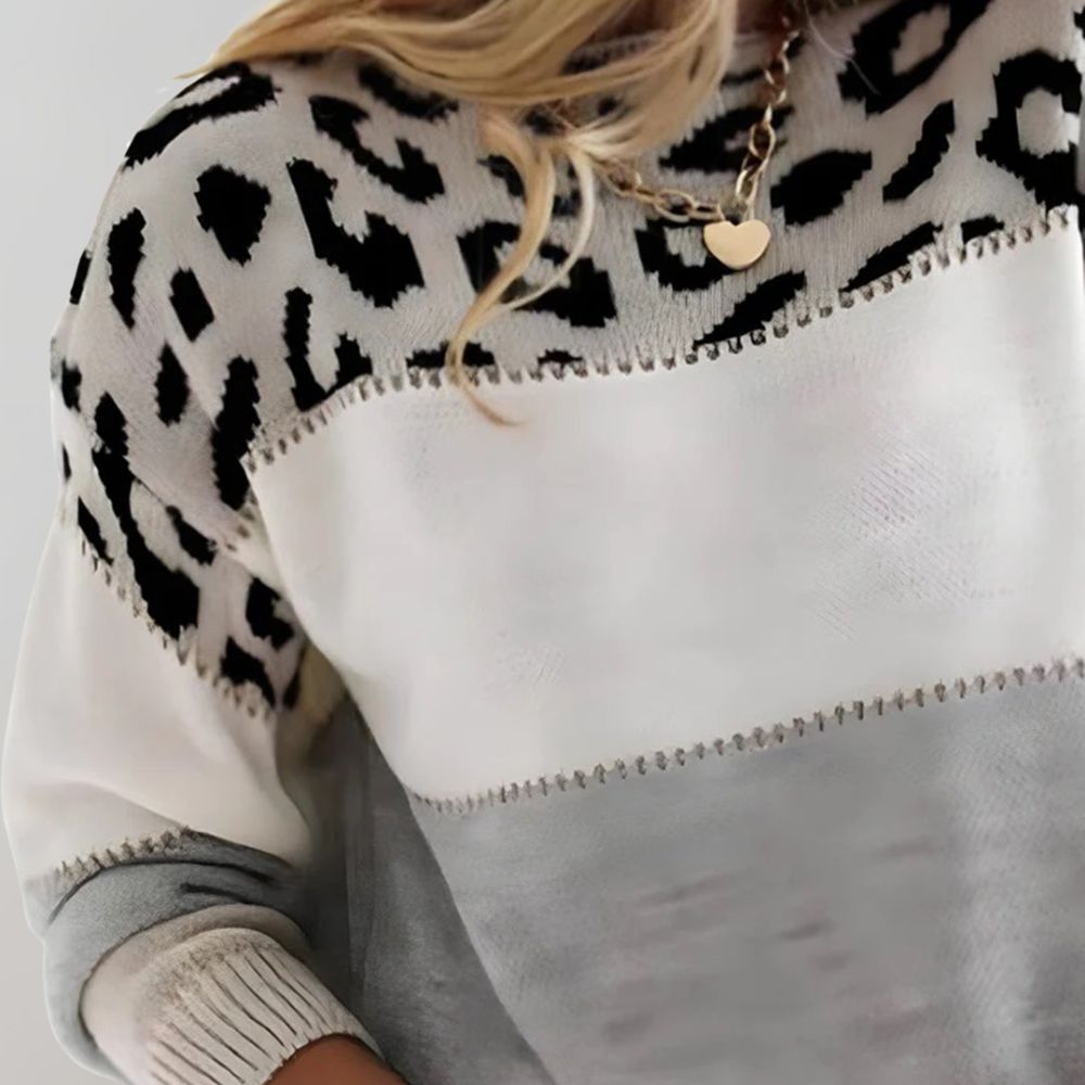 Viola Women’s Knit Sweater with Color Block and Leopard Print 1