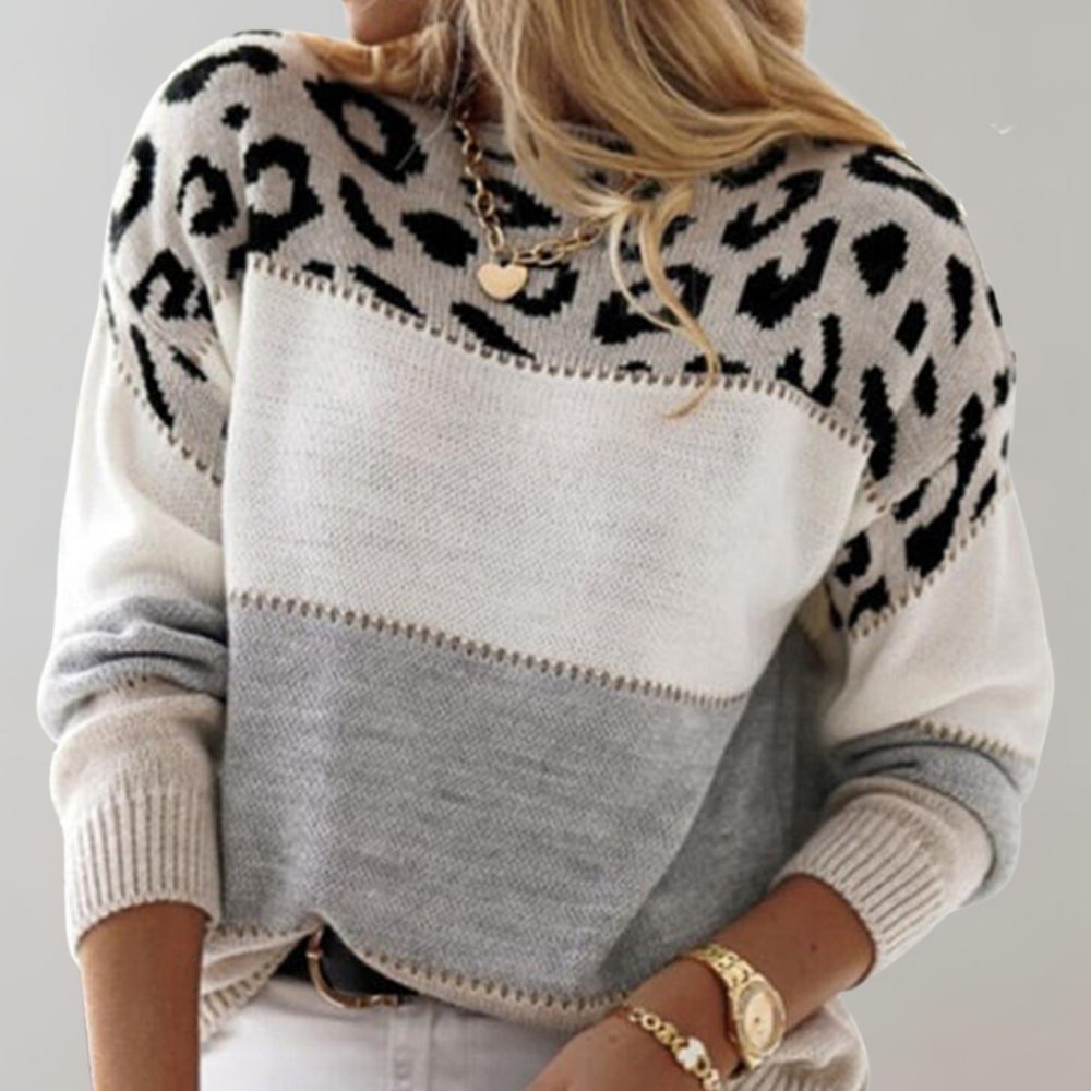 Viola Women’s Knit Sweater with Color Block and Leopard Print 2