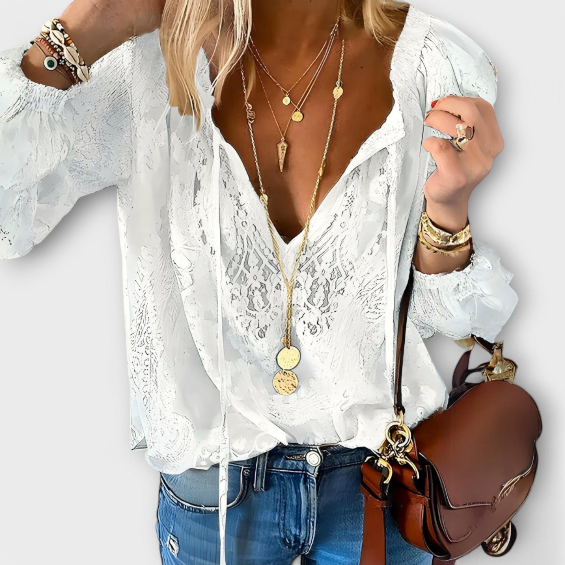 Viora Women's Boho Casual Top | V Neck, Long Sleeve, Relaxed Fit 0