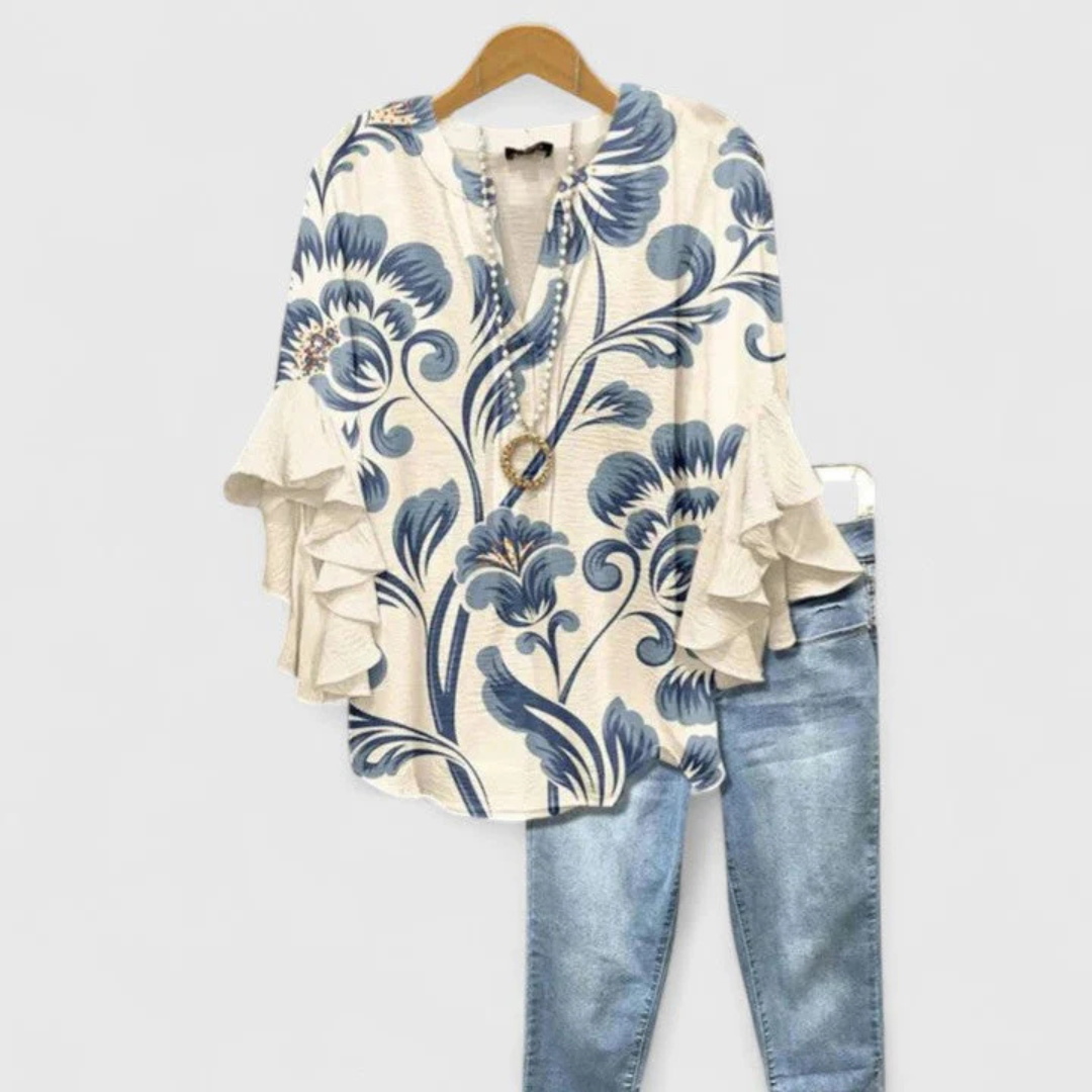 Viviane Women’s Casual Top with Floral Pattern and Ruffle Sleeves 0