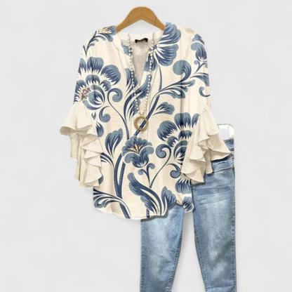 Viviane Women’s Casual Top with Floral Pattern and Ruffle Sleeves 0
