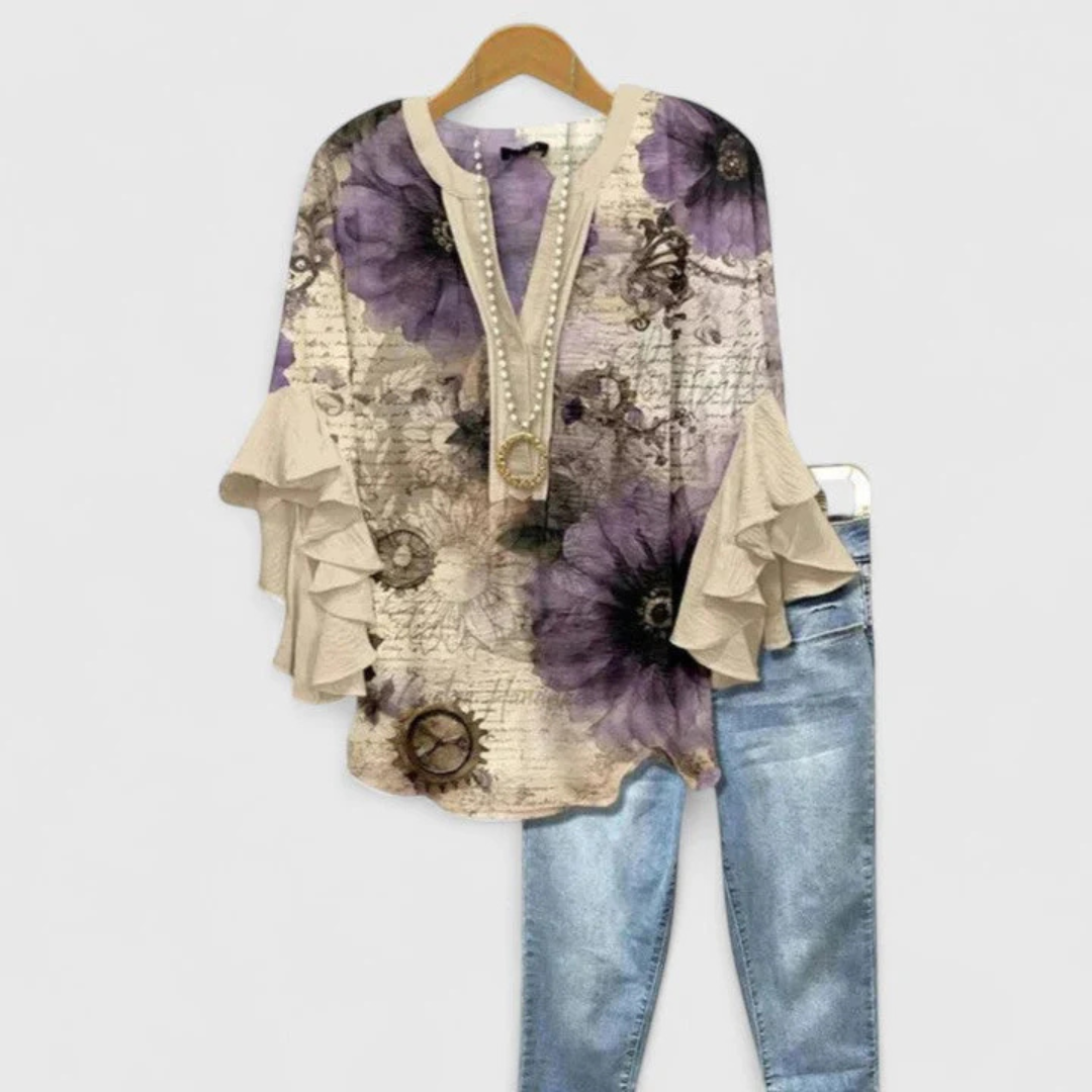 Viviane Women’s Casual Top with Floral Pattern and Ruffle Sleeves 5