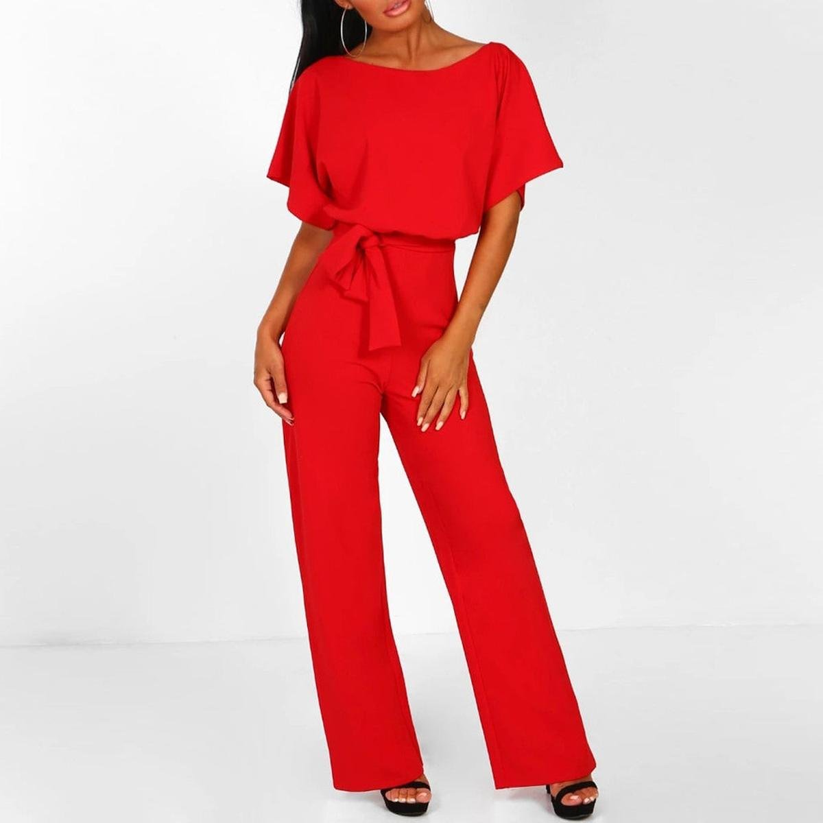 Vivid Women’s Jumpsuit with Short Sleeves and Adjustable Waist Belt 8