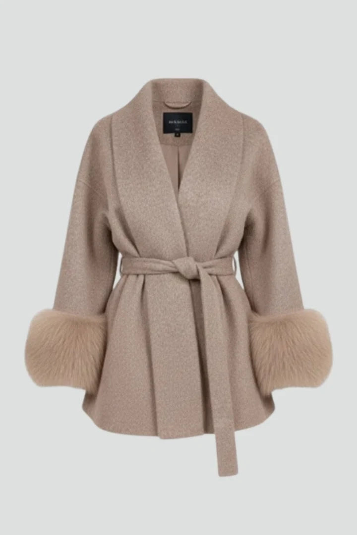 Willa Women's full-length coat featuring a stylish waist tie and elegant faux fur cuffs, perfect for winter fashion and warmth. 2