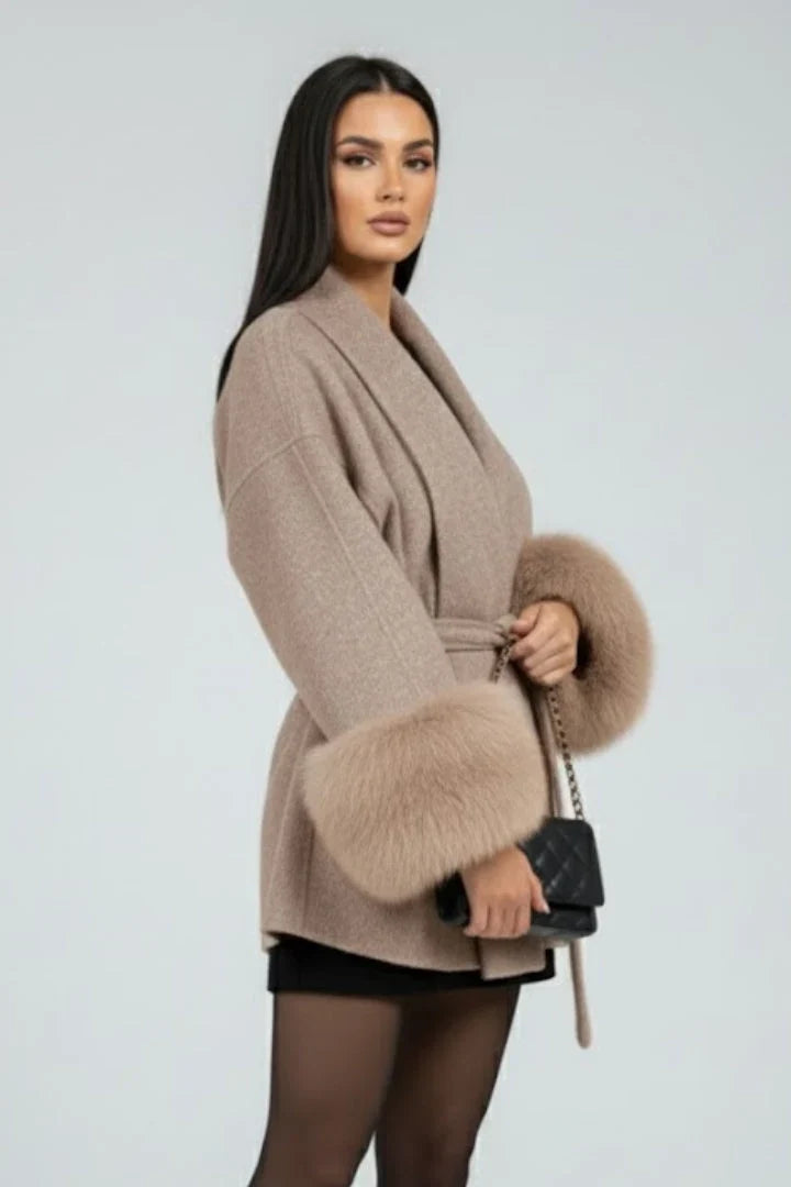 Willa Women's full-length coat featuring a stylish waist tie and elegant faux fur cuffs, perfect for winter fashion and warmth. 3