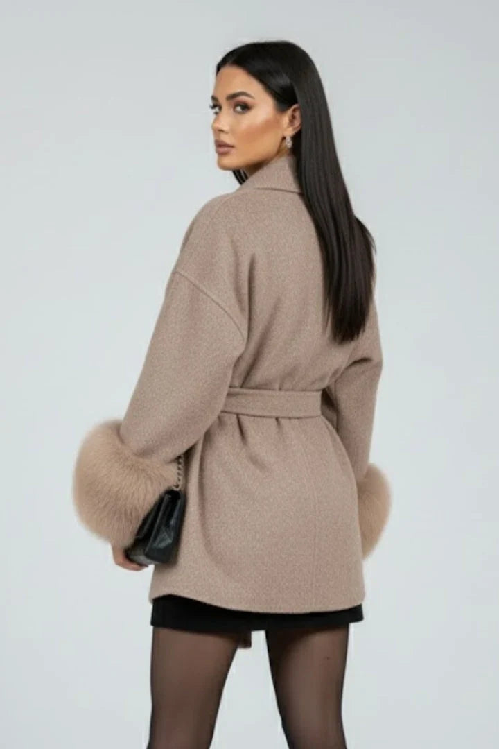 Willa Women's full-length coat featuring a stylish waist tie and elegant faux fur cuffs, perfect for winter fashion and warmth. 4