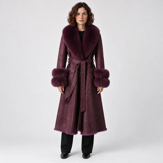 Wren Women’s Long Winter Coat featuring a luxurious faux-fur shawl collar and a stylish belted waist, perfect for staying warm and fashionable during 0