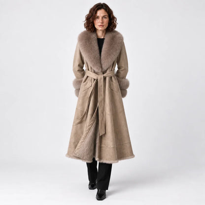 Wren Women’s Long Winter Coat featuring a luxurious faux-fur shawl collar and a stylish belted waist, perfect for staying warm and fashionable during 2