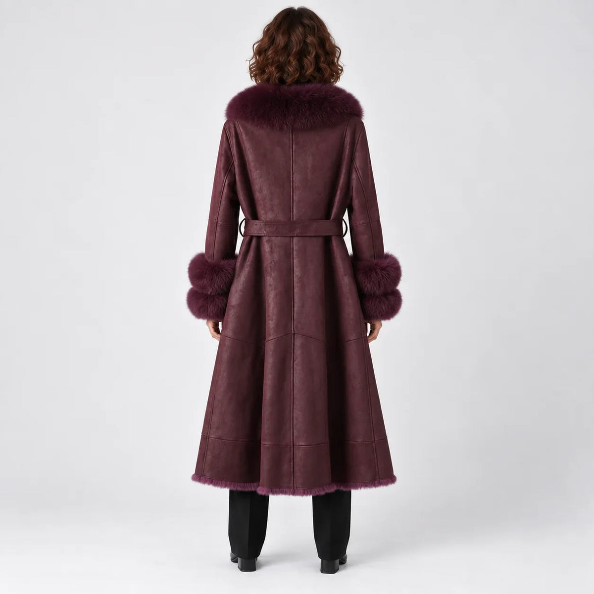 Wren Women’s Long Winter Coat featuring a luxurious faux-fur shawl collar and a stylish belted waist, perfect for staying warm and fashionable during 3