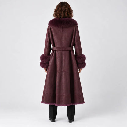 Wren Women’s Long Winter Coat featuring a luxurious faux-fur shawl collar and a stylish belted waist, perfect for staying warm and fashionable during 3