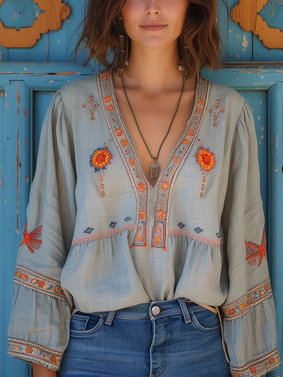 Yara Women’s Boho Blouse with Embroidery and V-Neck 0