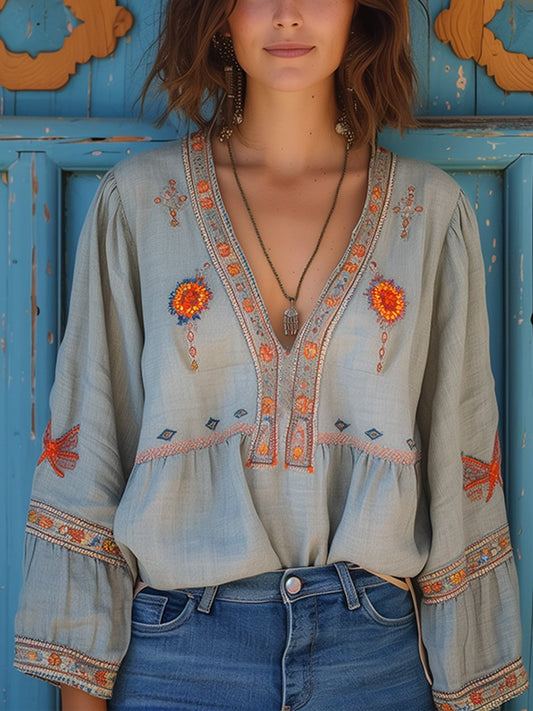 Yara Women’s Boho Blouse with Embroidery and V-Neck 0
