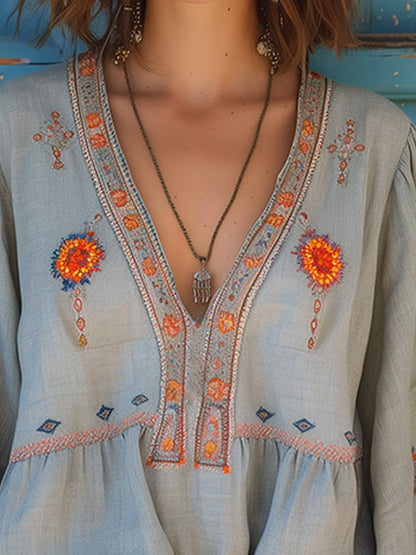 Yara Women’s Boho Blouse with Embroidery and V-Neck 1