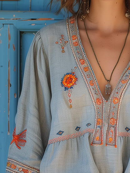 Yara Women’s Boho Blouse with Embroidery and V-Neck 2
