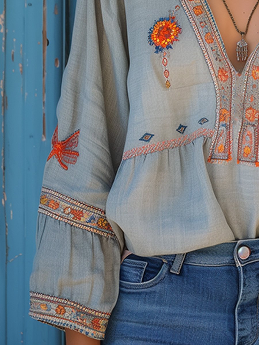 Yara Women’s Boho Blouse with Embroidery and V-Neck 3