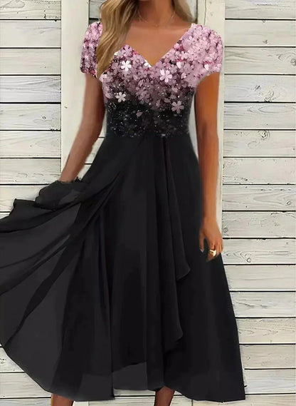 Yara Women’s Formal Dress with Flowing Skirt and Floral Bodice Design 1