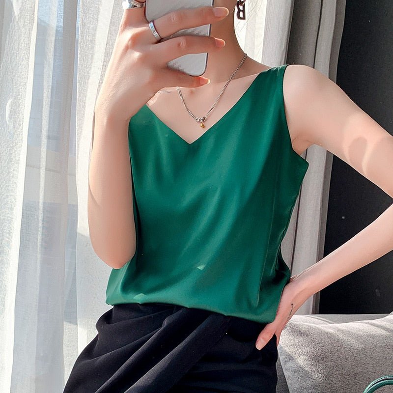 Yara Women’s Satin V-Neck Top with Flattering Fit and Shiny Finish 1